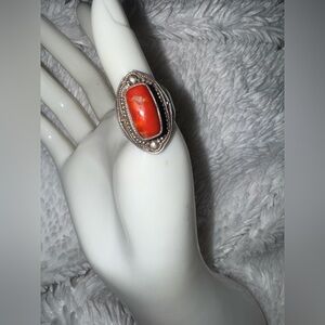 Vintage Natural Red Coral & Sterling Gemstone Ring, size 8